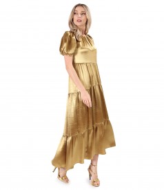 Long satin dress with asymmetric ruffles