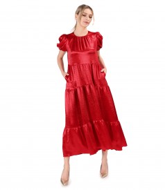 Long satin dress with asymmetric ruffles