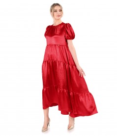 Long satin dress with asymmetric ruffles