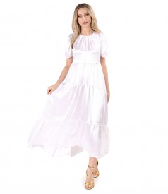 Long satin dress with asymmetric ruffles