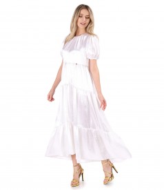 Long satin dress with asymmetric ruffles