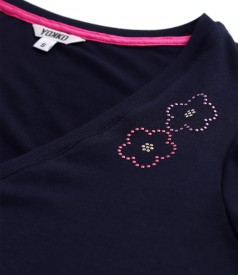 Elastic jersey blouse with flowers applied to the neckline