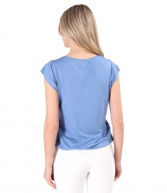 Elastic jersey blouse with flowers applied to the neckline