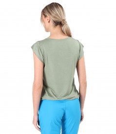 Elastic jersey blouse with flowers applied to the neckline