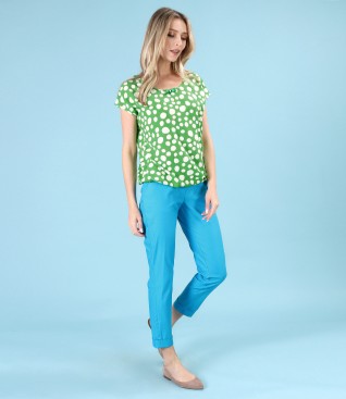Casual outfit with polka dot blouse and ankle pants