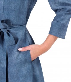 Shirt-type midi dress in viscose with linen
