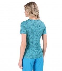 Digitally printed elastic viscose jersey blouse with floral motifs