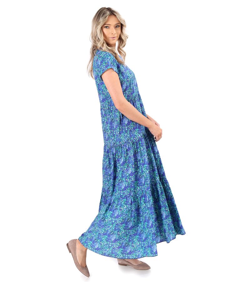 Long dress with ruffles made of printed viscose