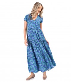 Long dress with ruffles made of printed viscose