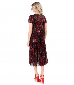 Midi dress in elastic tulle embroidered with velvet with floral motifs