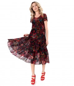 Midi dress in elastic tulle embroidered with velvet with floral motifs