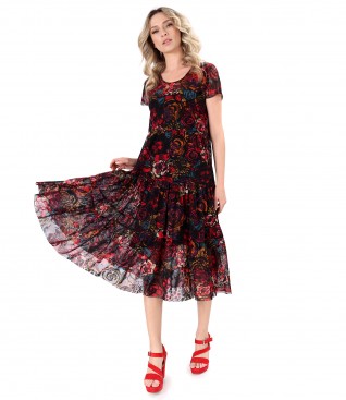 Midi dress in elastic tulle embroidered with velvet with floral motifs