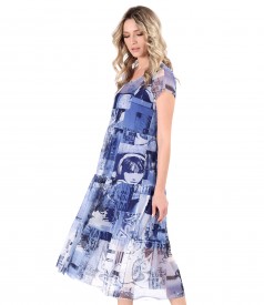 Midi dress in printed elastic tulle with ruffles