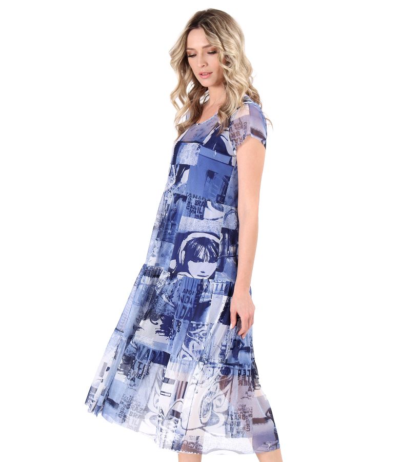 Midi dress in printed elastic tulle with ruffles