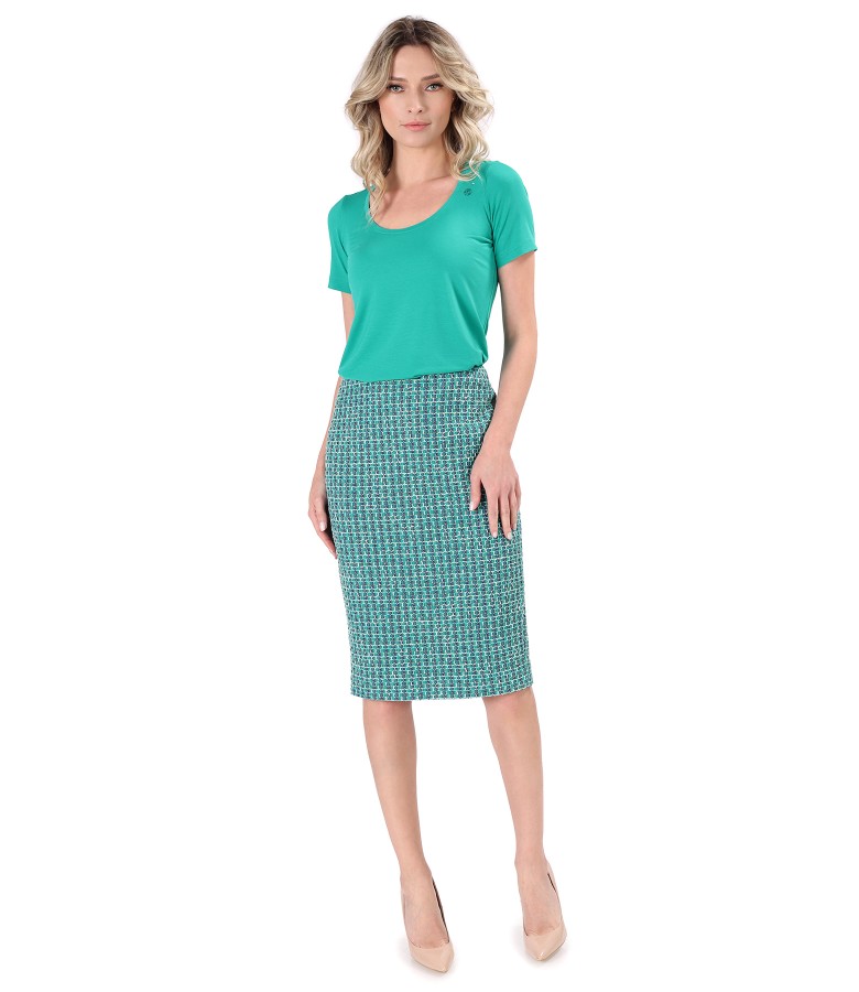 Elegant outfit with elastic jersey blouse and office skirt made of cotton curls