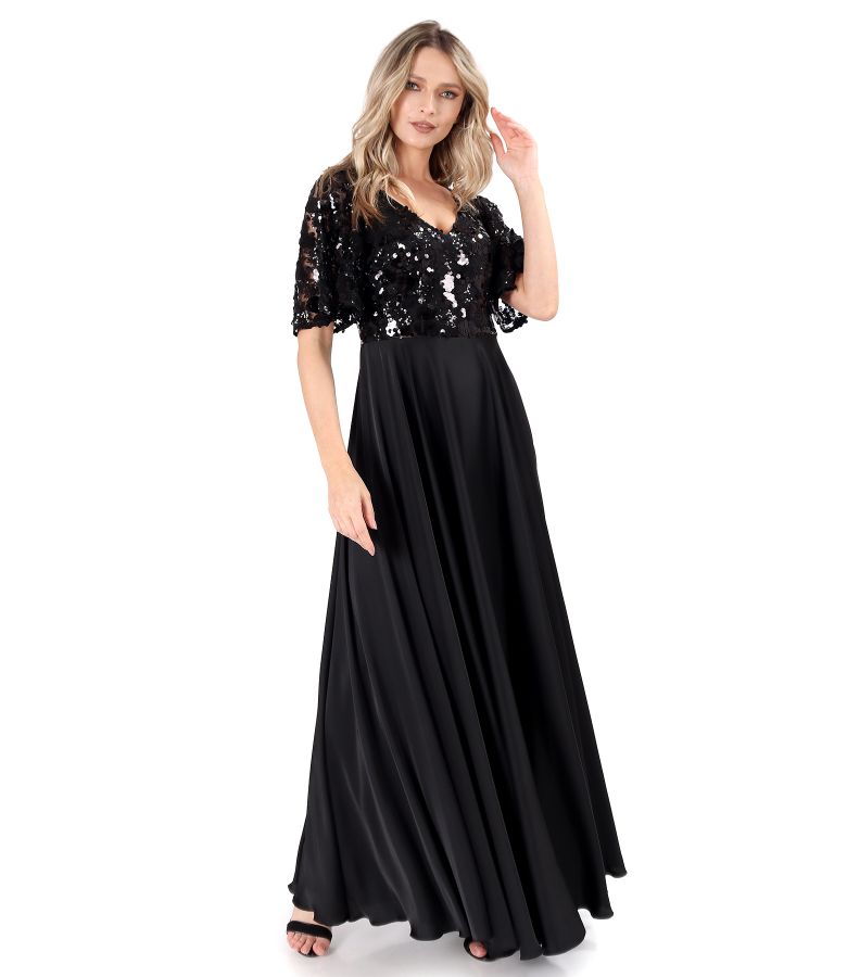 Elegant long satin dress with sequined lace bodice