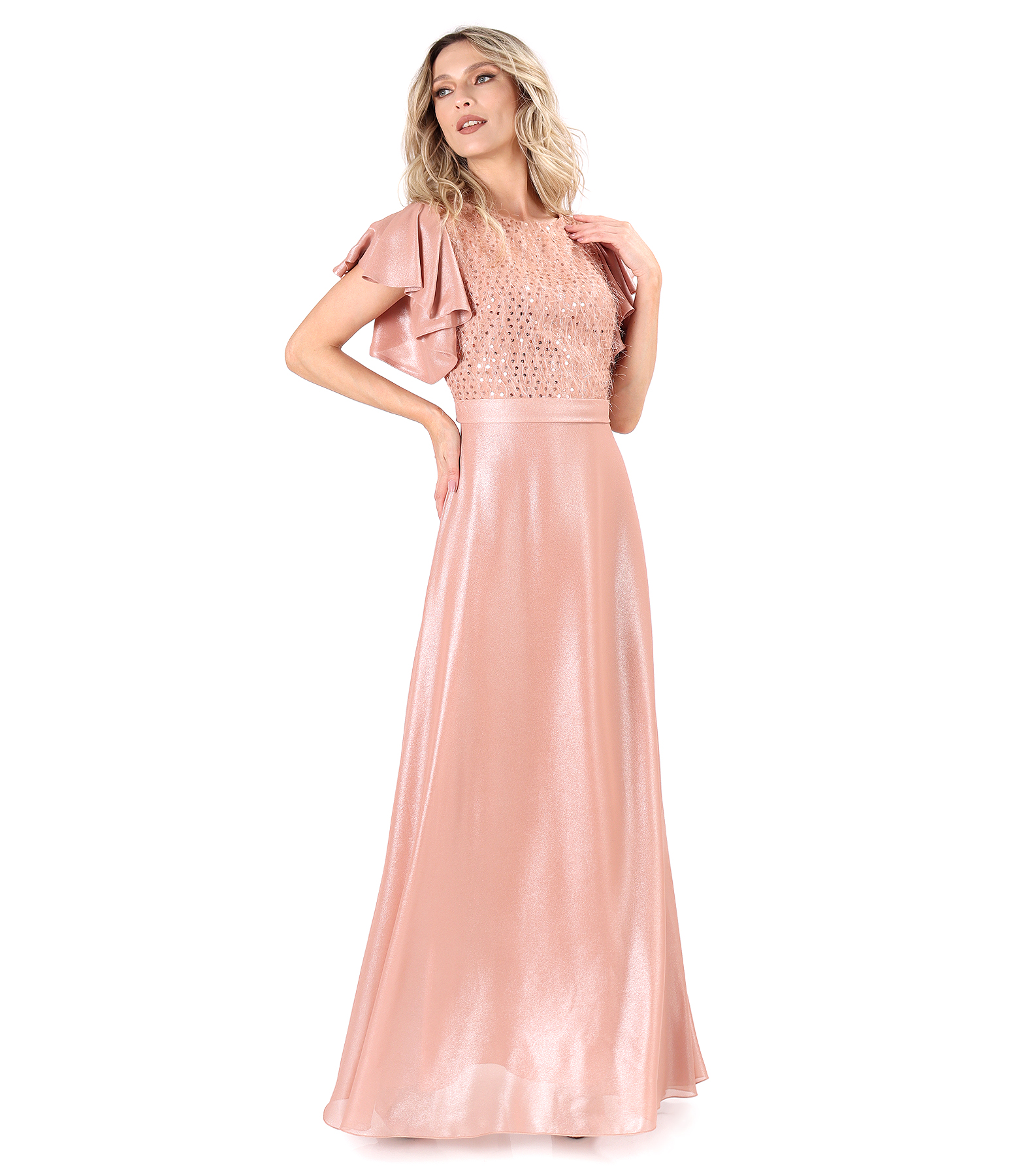 Long elegant dress with bust with sequin inserts