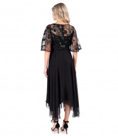 Elegant midi dress in veil with bodice and sleeves in lace with sequins