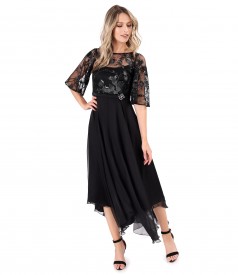 Elegant midi dress in veil with bodice and sleeves in lace with sequins