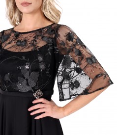 Elegant midi dress in veil with bodice and sleeves in lace with sequins