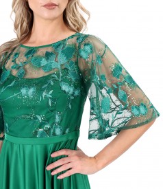 Elegant midi dress in satin with bodice and lace sleeves with sequins