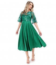 Elegant midi dress in satin with bodice and lace sleeves with sequins