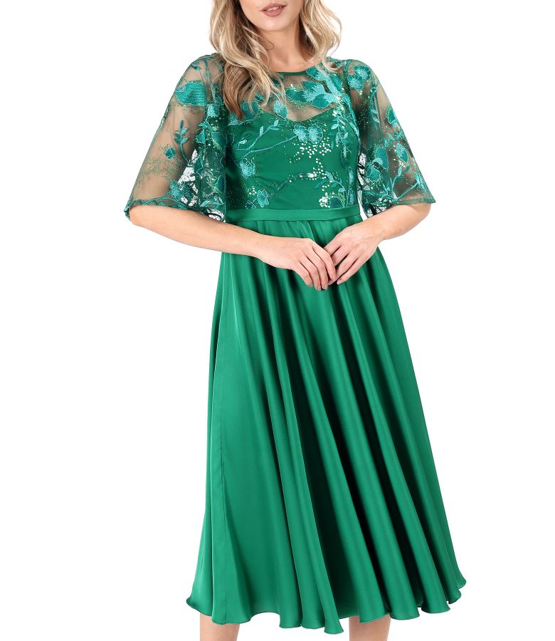 Elegant midi dress in satin with bodice and lace sleeves with sequins