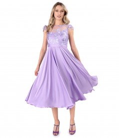 Elegant midi dress made of satin with sequined lace bodice