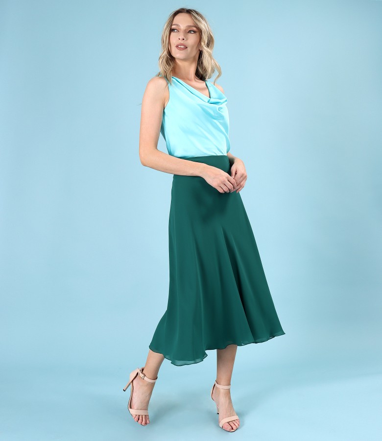 Elegant outfit with veil midi skirt and viscose satin blouse