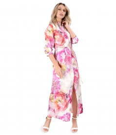 Long viscose shirt-type dress printed with floral motifs