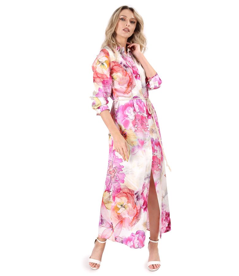 Long viscose shirt-type dress printed with floral motifs