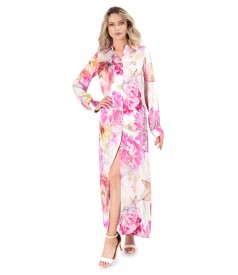 Long viscose shirt-type dress printed with floral motifs
