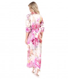 Long viscose shirt-type dress printed with floral motifs