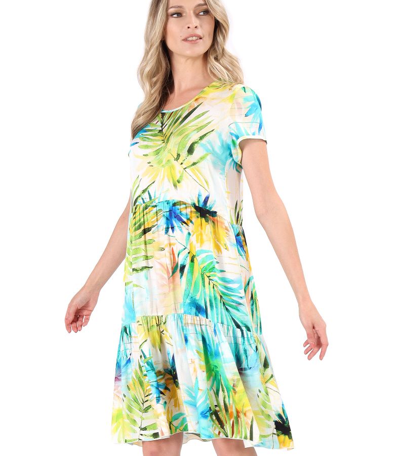 Elegant dress with frills made of viscose printed with floral motifs