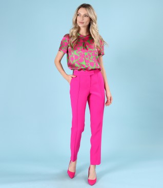 Elegant outfit with natural silk blouse and ankle pants