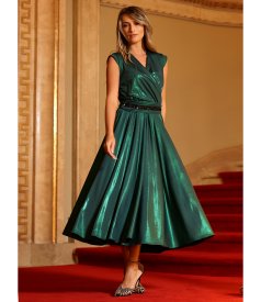 Rochie midi de ocazie din jerse elastic cu efect lucios