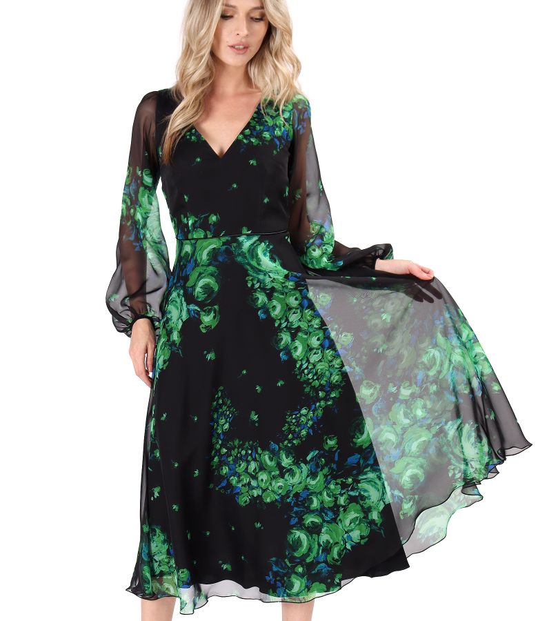 Digitally printed veil midi dress with floral motifs