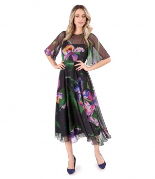 Printed veil midi dress with wide sleeves