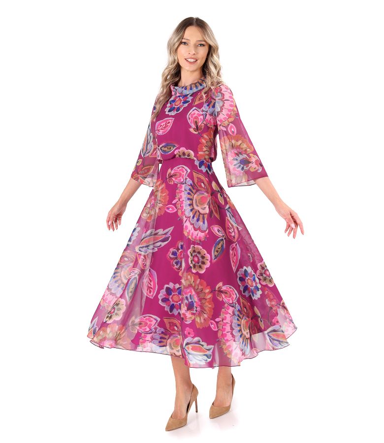 Elegant midi dress made of veil printed with floral motifs