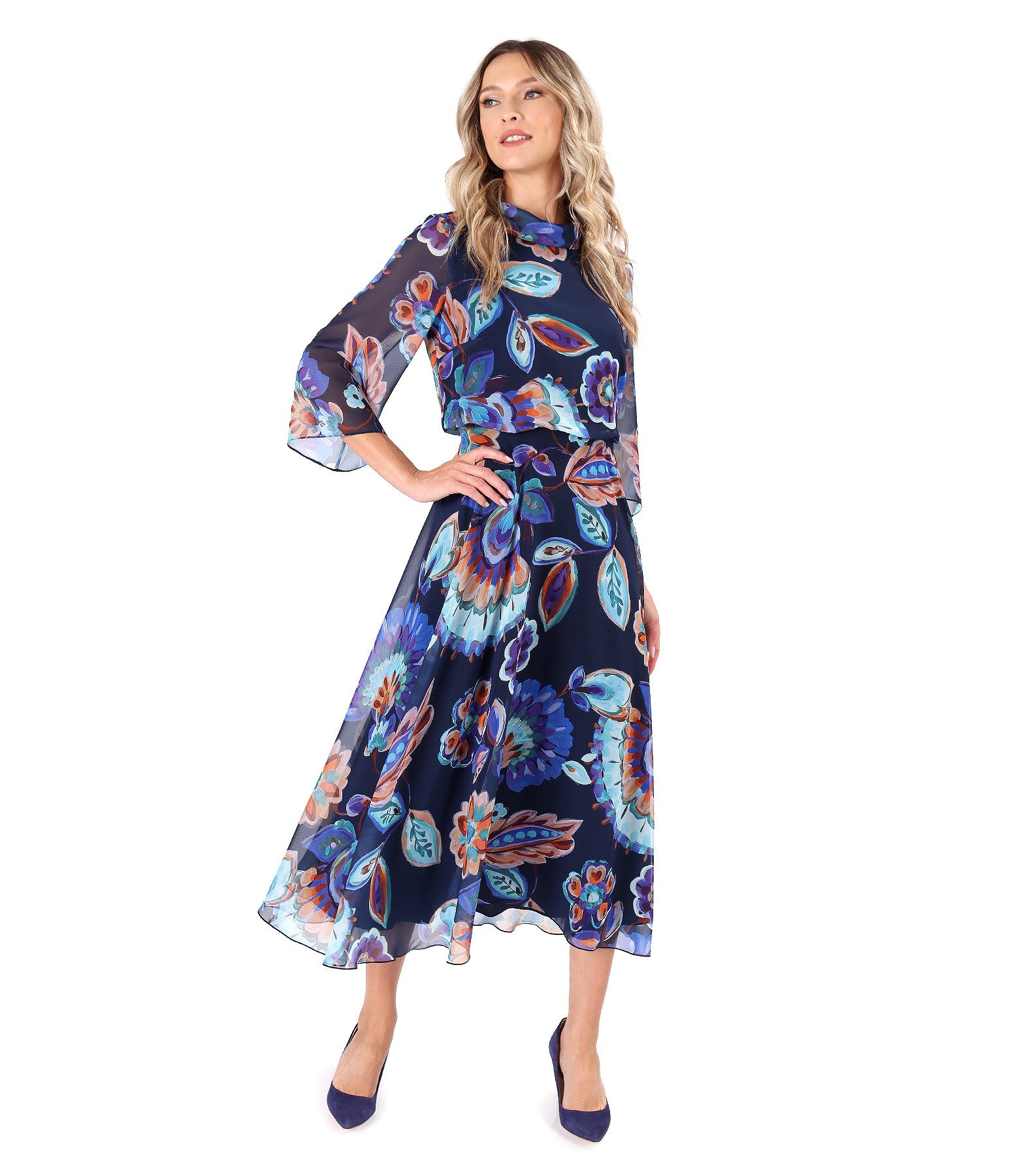 Elegant midi dress made of veil printed with floral motifs navy blue ...