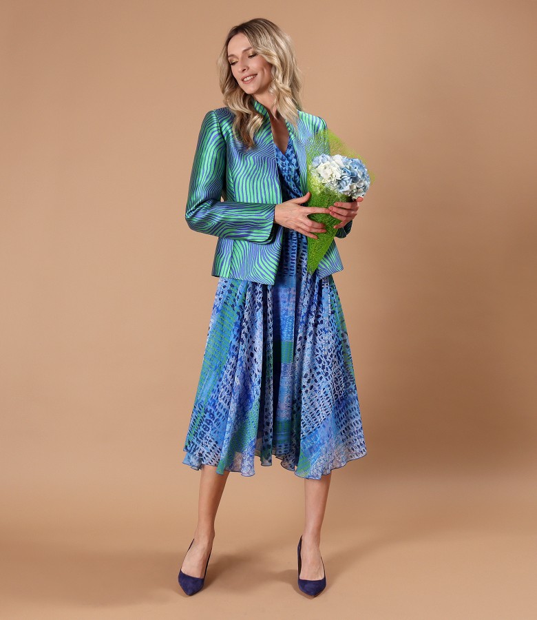 Elegant outfit with printed veil jacket and dress