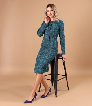 Women office suit with jacket and skirt made of curls with wool and lurex thread