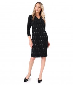 Elegant dress in thick elastic jersey with pearls on the sleeves