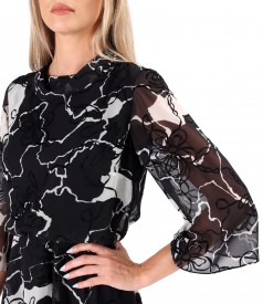 Midi dress made of veil with floral motifs brocade with velvet