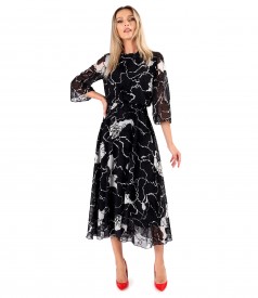 Midi dress made of veil with floral motifs brocade with velvet