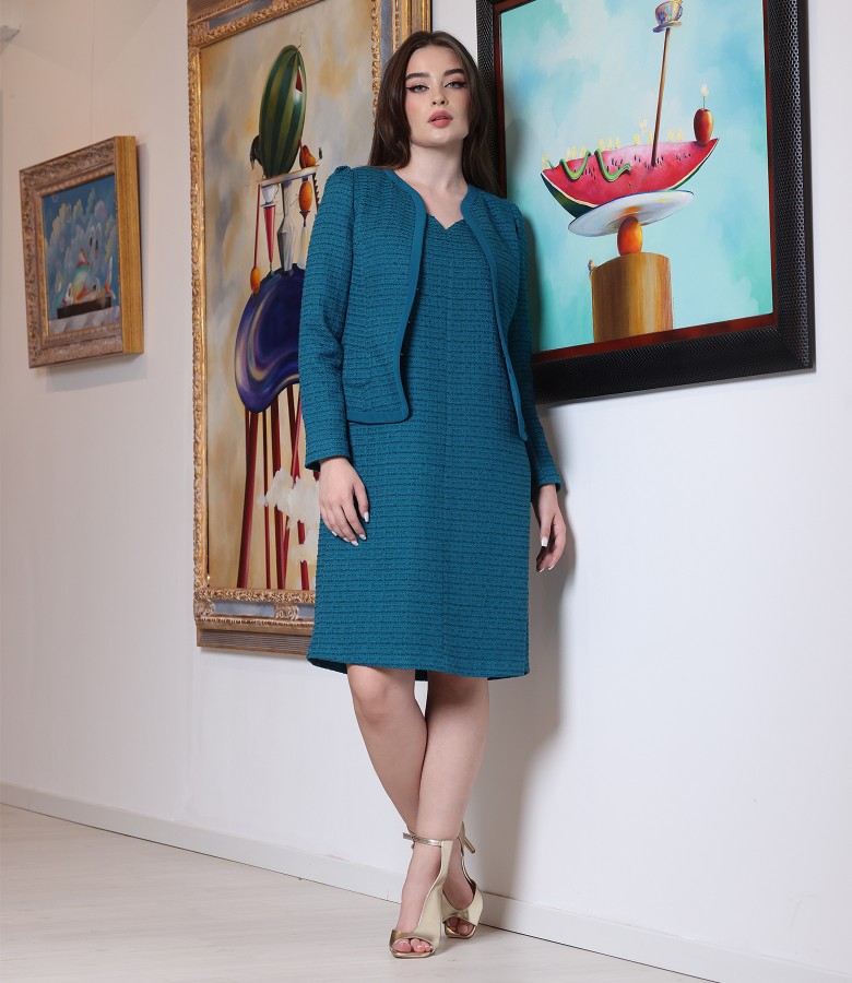 Office outfit with sarafan dress and jacket made of loops with viscose and cotton