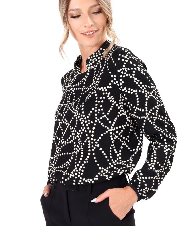 Viscose blouse printed with geometric motifs and pearls at the neckline