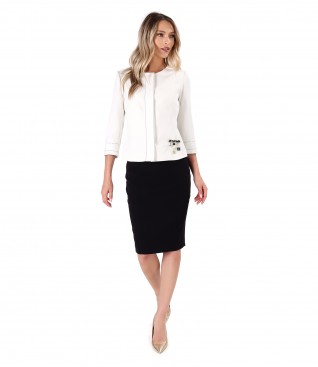 Womens office suit with tapered skirt and jacket with a brooch at the waist