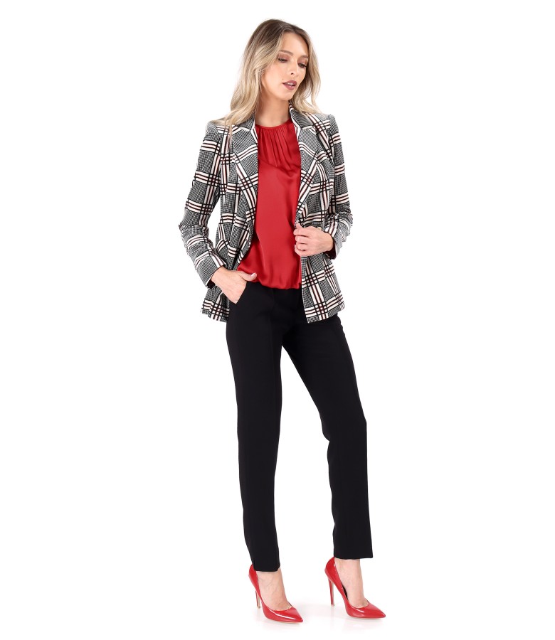 Plaid velvet jacket with ankle pants and viscose satin blouse