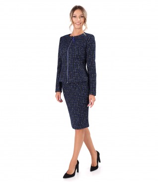 Womens office suit with jacket and skirt made of multi-colored curls with wool and viscose